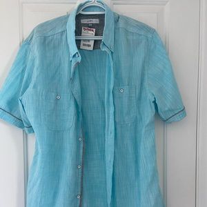 Turquoise linen men’s button down collared shirt